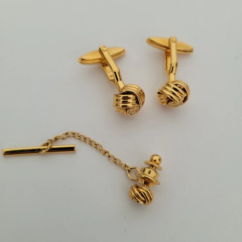 Dunhill Mens Gold Tone Knot Cufflinks and Tie Tac Set Vintage Accessory